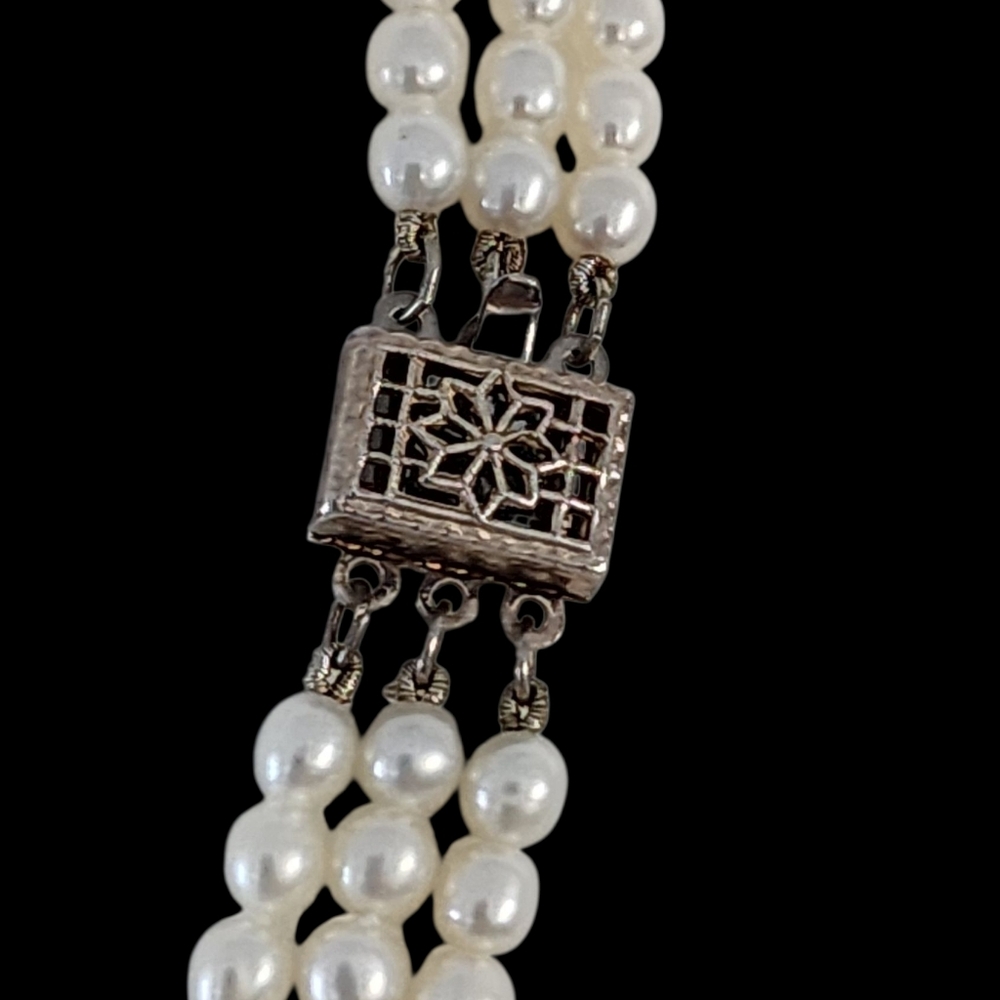 Vintage Pearl Necklace 925 Sterling Silver Triple Strand Baby Pearls A0010 -Q5